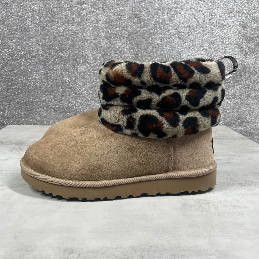 UGG Boots Womens 8 Fluff Mini Quilted Leopard Short Chestnut Tan Sheepskin - Picture 2 of 12